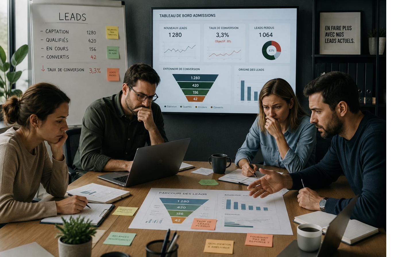 Équipe admissions préoccupée devant un tableau de bord montrant 1 064 leads perdus et un taux de conversion de 3,3 %.