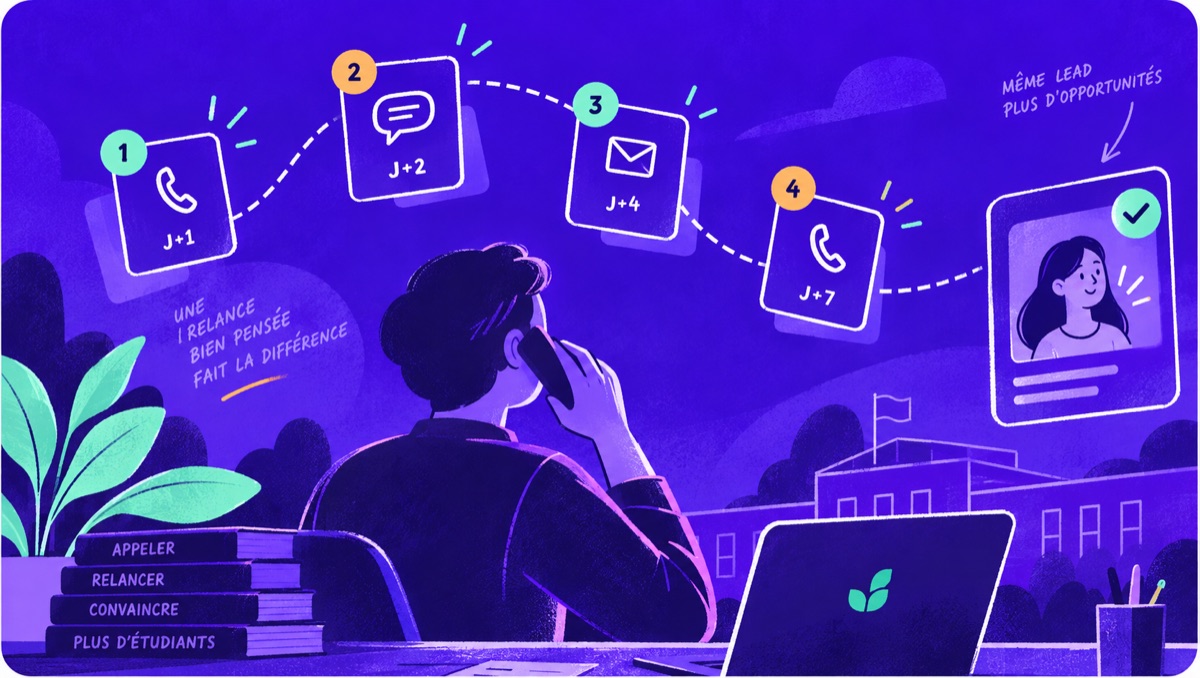 Illustration : un conseiller admissions au téléphone devant une séquence de relance en quatre étapes numérotées, appel, message, mail puis appel, reliées par un pointillé jusqu'à la fiche d'une candidate cochée, avec la mention « Même lead, plus d'opportunités ».