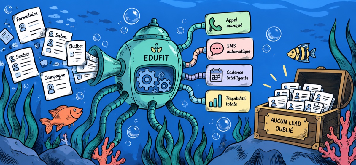 Illustration : une machine sous-marine EDUFIT aspire des fiches candidats venues du formulaire, du salon, du chatbot et des campagnes, et les relie à quatre automatismes, appel manqué, SMS automatique, cadence intelligente et traçabilité totale, jusqu'à un coffre rempli de fiches marqué « Aucun lead oublié ».