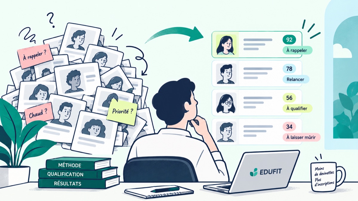 Illustration : un conseiller admissions hésite devant une pile de fiches candidats en désordre, annotées « À rappeler ? », « Chaud ? » et « Priorité ? », tandis qu'à droite la même liste apparaît triée par score de qualification, chaque candidat marqué à rappeler, à relancer, à qualifier ou à laisser mûrir.