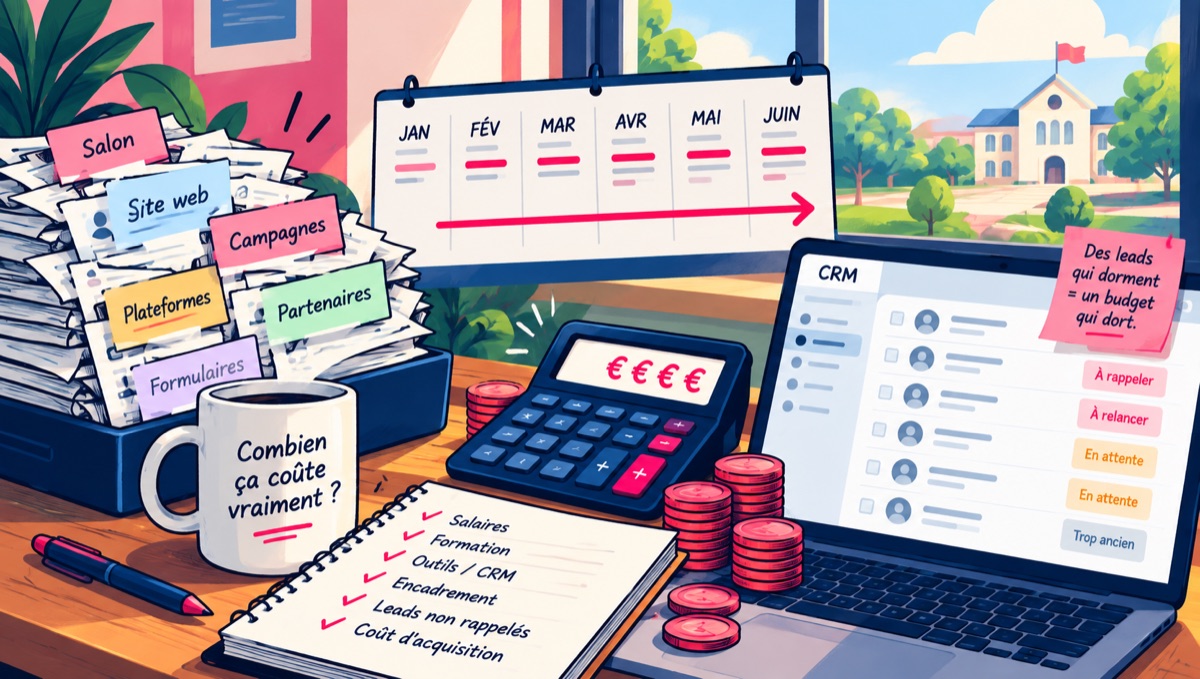 Illustration : un bureau d'admissions avec une pile de fiches candidats étiquetées Salon, Site web, Campagnes, Plateformes, Partenaires et Formulaires, un calendrier de janvier à juin, une calculatrice affichant des euros, un carnet listant salaires, formation, outils, encadrement, leads non rappelés et coût d'acquisition, une tasse « Combien ça coûte vraiment ? » et un CRM où des fiches restent en attente, avec la note « Des leads qui dorment = un budget qui dort ».