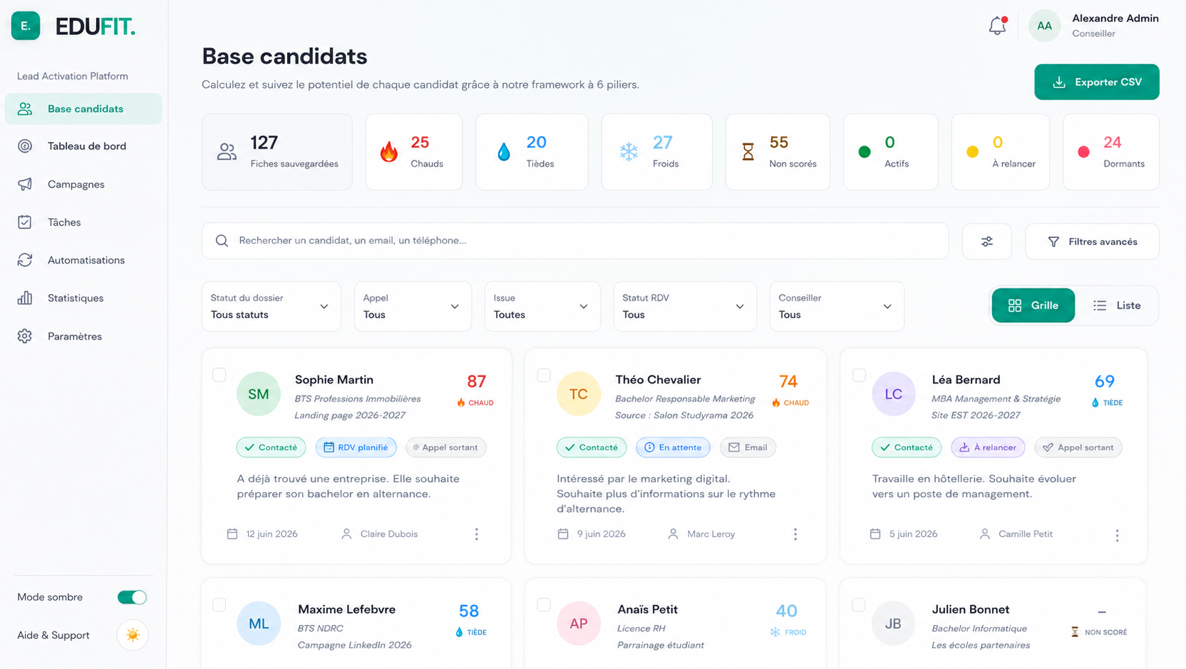 Plateforme EDUFIT — Base candidats : le score de chaque candidat calculé sur le framework à 6 piliers.